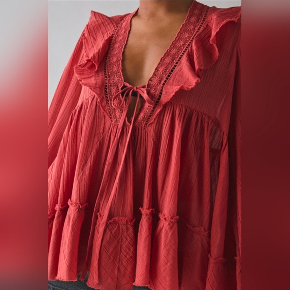 Kimchi Blue Lace Trim Ruffled Babydoll Tunic Blouse Rust Red - Picture 4 of 5